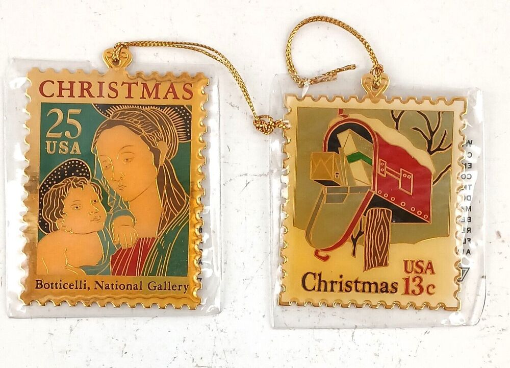 Christmas Stamp Ornament Winco Vintage 25 USA Botticellie & Mail USA 13c 22K GP